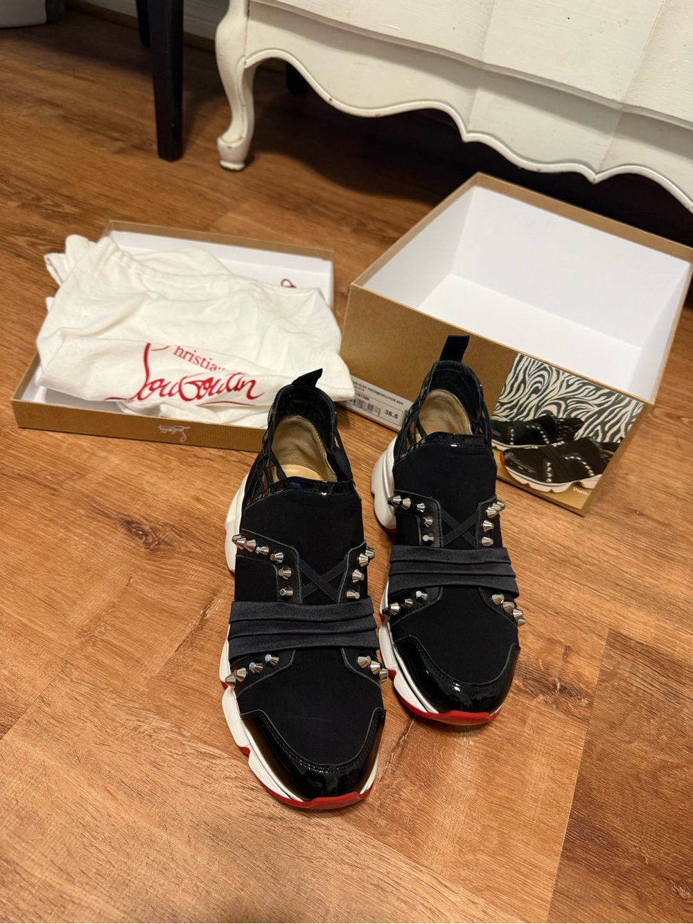 Christian Louboutin Black and Red Studded Low-Top Sneakers